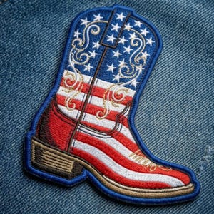 American Flag Cowboy Boot Patch - Patriotic Western Stars & Stripes Embroidered Applique - Country Spirit Back Patch for Jackets