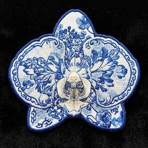 Chinoiserie Orchid Patch, Blue and White Porcelain Flower Embroidery, Grandmillennial Style Iron On Back Patch for Jackets, Sizes 3" to 10"