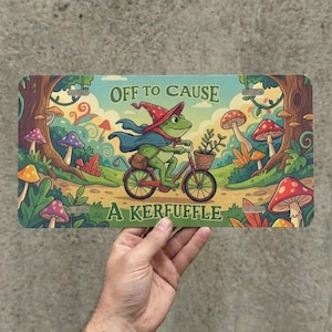 Off to Cause a Kerfuffle Frog License Plate | Funny Weirdcore Gift - Wizard Frog Car Accessory