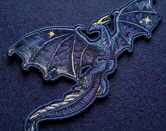 Starry Dragon Embroidered Patch - Dark Blue & Purple Galaxy Iron On - Celestial Fantasy Accessory - Mythical Gift for Dragon Lovers