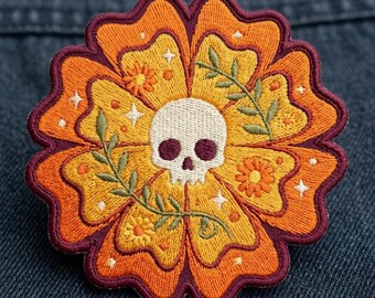 Marigold Flower Skull Embroidered Patch - Day of the Dead Floral Art - Boho Gothic Autumn Accessory - Large Iron On Back Patch V0303