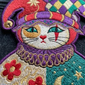 May include: An embroidered patch featuring a calico cat dressed as a jester. The cat wears a purple and red jester hat with gold accents, a ruffled purple collar, and a costume with red flowers, a crescent moon, and gold stars on a teal background.