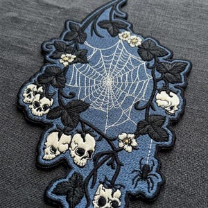 Gothic Skull Berry Spider Web Patch - Dark Academia Memento Mori Embroidery - Large Goth Back Patch for Jackets & Vests - Sizes 3" to 10"