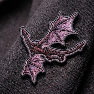 Flying Dragon Embroidered Patch, Purple Burgundy Fantasy Wyvern Applique, Mythical Creature Iron On Back Patch for Jackets, Sizes 3" to 10"