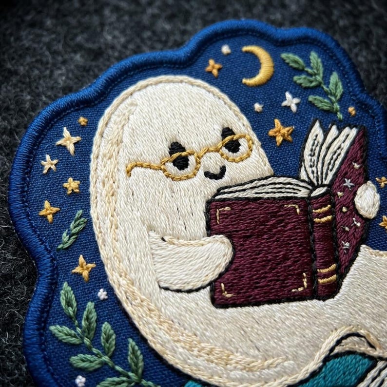 Bookish Ghost Patch, Reading Ghost Embroidery, Dark Academia Bookworm Badge, Spooky Cute Library Gift, Librarian Iron On, Bibliophile Art image 2