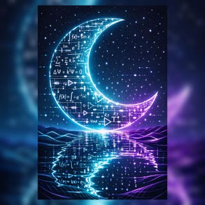 Puede incluir: Ilustración digital de una luna creciente brillante con ecuaciones matemáticas y líneas similares a circuitos. La luna se refleja en el agua, con un fondo de cielo estrellado. La paleta de colores incluye tonos de azul, morado y turquesa.