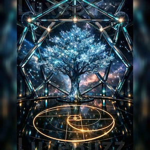 May include: Digital art depicting a glowing tree with a starry canopy inside a geometric structure. The tree's leaves and branches are illuminated with bright blue light. The background shows a galaxy with constellations.