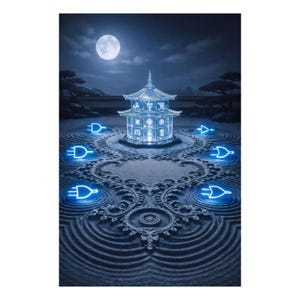 Puede incluir: Impresión de arte digital que representa una pagoda brillante en un jardín zen bajo la luna llena. La pagoda y los elementos circundantes están iluminados con una luz azul fría. El jardín presenta un patrón de círculos concéntricos y símbolos de enchufe brillantes.