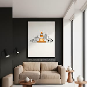 Pittsburgh 412 Traffic Cone Skyline Art Print, Minimalist Steel City Poster (Digital Download)