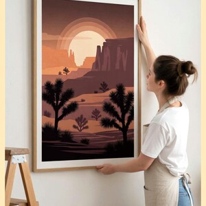 Stampa artistica da parete con tramonto nel deserto e albero di Joshua, stile boho.