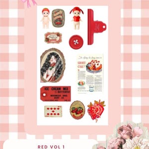 May include: A collage of red-themed stationery items on a pink and white checkered background. Includes a red button, a clip, a doll, labels, a vintage-style illustration, and a strawberry graphic. Text reads "RED VOL 1 TOTALLY STATIONERY."