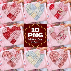 Peut inclure: Une collection de dix motifs de cœur de la Saint-Valentin au format PNG. Chaque cœur est composé de pièces de tissu de différentes couleurs et motifs, notamment rouge, rose et bleu. Les cœurs sont affichés sur un fond rose. Le texte "10 PNG Valentine Heart" est au centre.