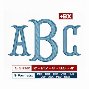 May include: Light blue embroidered letters A, B, and C with a textured stitch pattern. A red box contains the text +BX. Below, a red banner states 5 Sizes: 2' - 2.5' - 3' - 3.5' - 4'. A blue banner lists 9 Formats: PES, DST, EXP, VP3, HUS, JEF, XXX, PEC, SEW.
