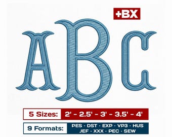 Fishtail Monogram Embroidery Font, 5 Sizes 9 Formats + BX, Fishtail Embroidery Font, BX Outline Monogram Font, Instant Download BX Alphabet