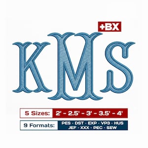 May include: Blue embroidered monogram letters KMS on a white background. The image includes text indicating 5 sizes ranging from 61 cm to 122 cm and 9 formats, including PES, DST, EXP, VP3, HUS, JEF, XXX, PEC, and SEW.