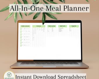 May include: A laptop displaying a digital meal planner spreadsheet. The screen shows sections for weekly meal planning, grocery lists, inventory, habit tracking, and budget plans. Text at the top reads "All-In-One Meal Planner" and "Instant Download Spreadsheet".