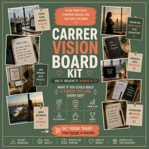 Puede incluir: Un kit de tablero de visión profesional sobre un fondo verde con texto motivacional, iconos y varias fotos de oficinas, portátiles y notas de planificación. El diseño incluye frases como Plan Your Path y Get Yours Today.