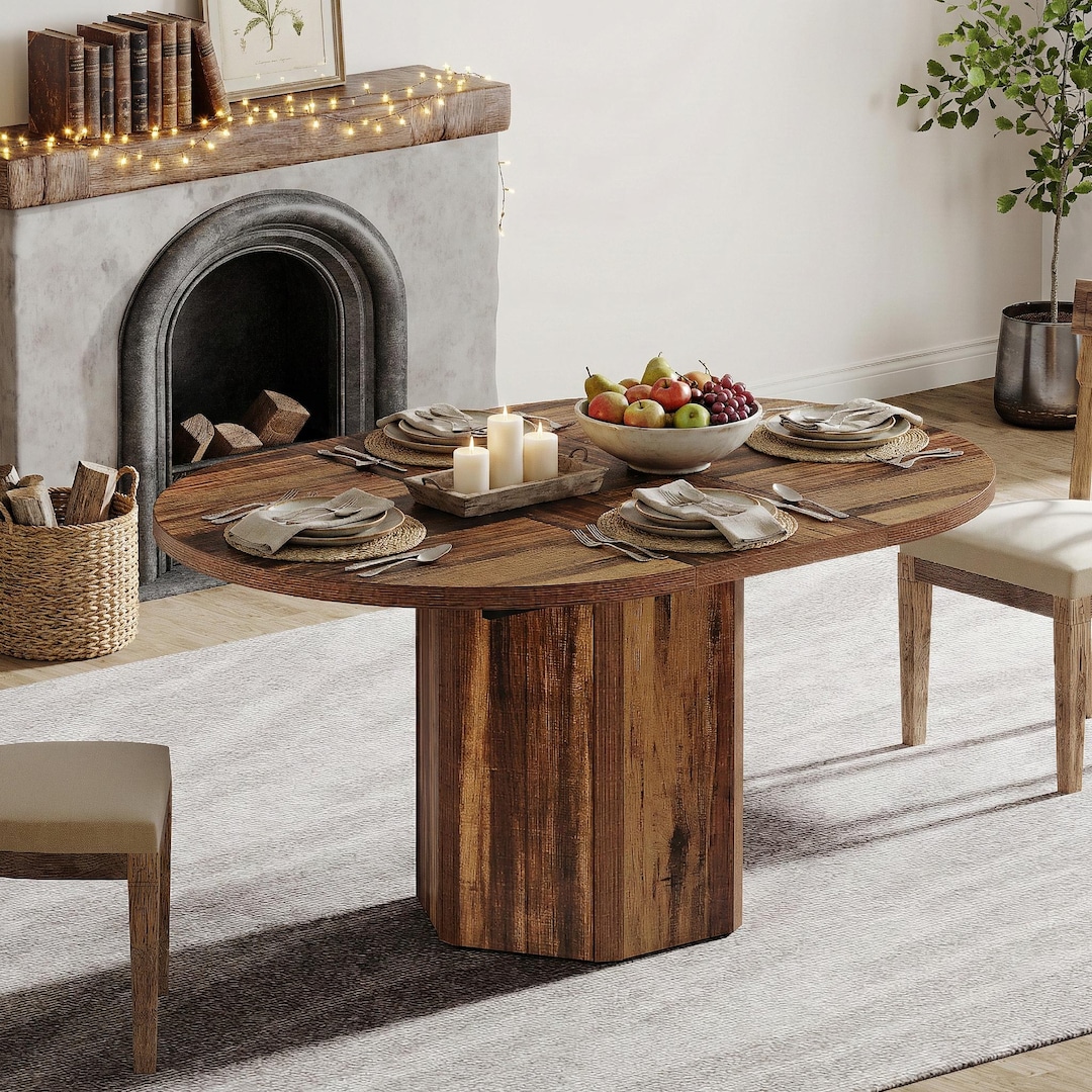 55" Rustic Oval Dining Table for 4-6, Wood Kitchen Breakfast Table ...