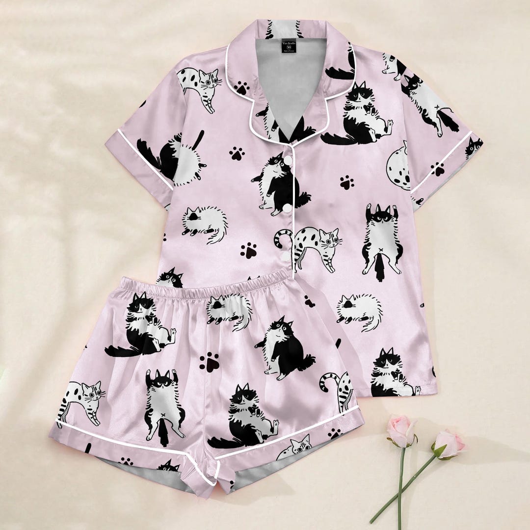 Cute Cat Print Satin Pajama Set for Women – Long Sleeve Button up ...