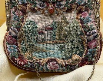 Antique Petit Point Jeweled Evening Bag – Austrian/German, c. 1915–1935 – Micro Stitch Landscape Purse with Ornate Gilt Frame