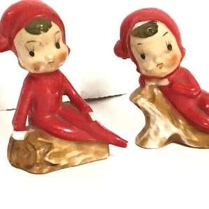 Pixies Made in Japan Pair Pixies/Elf on Log, Elf on a Shelf, Christmas Pixie, Vintage Figurines, Home Decor, Christmas Housewarming Gift