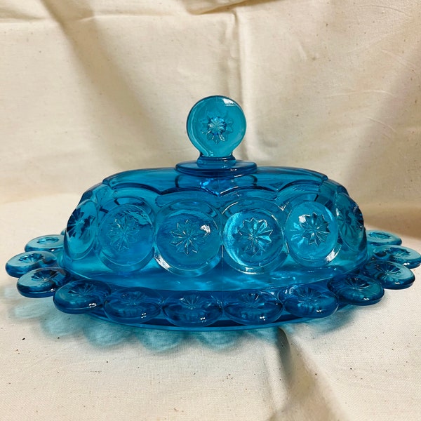 L E Smith Vintage Moon and Star Blue  Oval Butter Dish Vintage