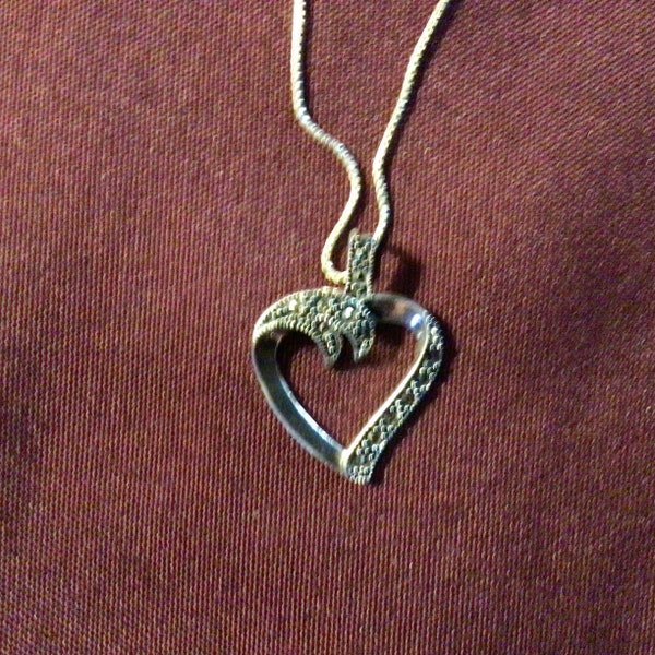 Marcasite Heart Sterling 925 Pendant 16” Chain