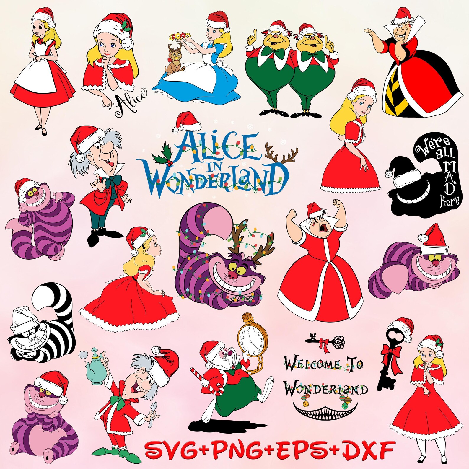 Princess Alice in Wonderland SVG Png Bundle, Cheshire Cat Santa ...