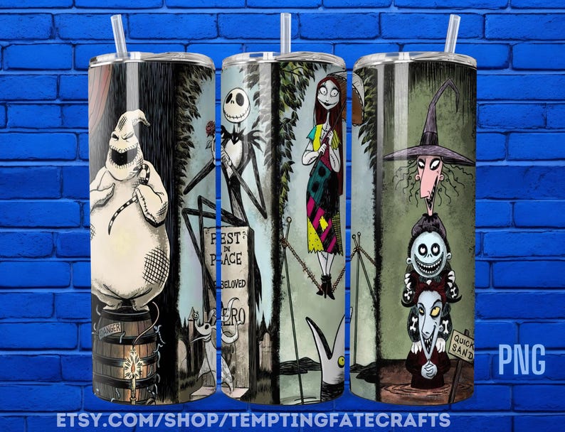 three cylindrical tumblers with illustrations of characters from the movie " Nightmare Before Christmas".