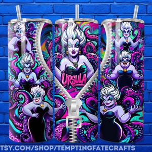 A 3D rendering of a beverage can featuring the character Ursula from the Disney film "The Little Mermaid". The can is decorated with colorful illustrations of Ursula and other mermaid characters, along with the word "Ursula" prominently displayed.
