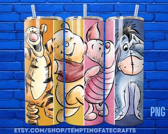 Plantilla de vaso delgado retro Winnie the Pooh, Tigger, Piglet, Eeyore, acuarela, de 20 oz, PNG, diseño de envoltura de vaso delgado de Pooh, PNG, descarga digital