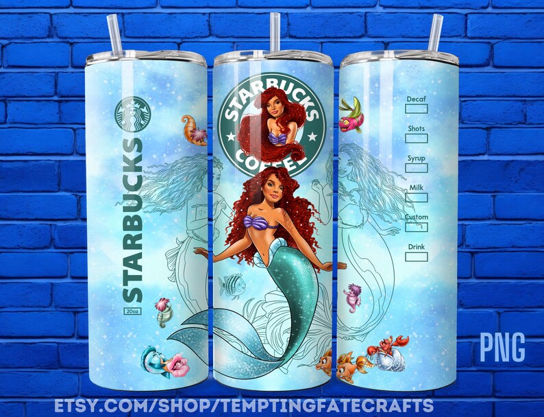 A Starbucks coffee can with a mermaid design, featuring the Starbucks logo and mermaid illustration.