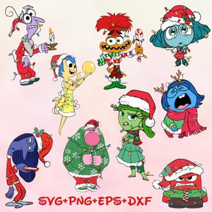 May include: A festive illustration featuring characters from the film Inside Out, adorned in Christmas outfits and fairy lights. The characters, including Fear, Joy, Anger, and Sadness, are wearing Santa hats. The image also includes the text "SVG+PNG+EPS+DXF".