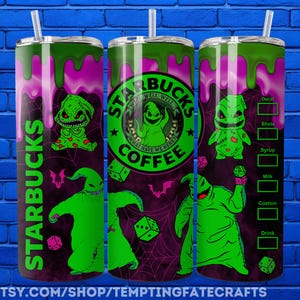 A 3D rendering of a Starbucks coffee can with a Halloween-themed design. The can features images of the character Ologog, a green monster from the movie "The Nightmare Before Christmas", along with other Halloween-related imagery. The can is set against a blue brick wall background.