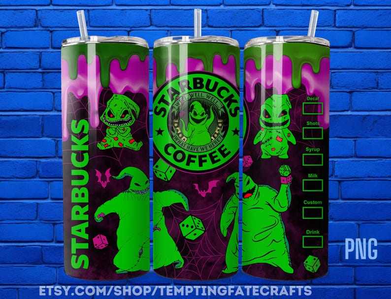 A 3D rendering of a Starbucks coffee can with a Halloween-themed design. The can features images of the character Ologog, a green monster from the movie "The Nightmare Before Christmas", along with other Halloween-related imagery. The can is set against a blue brick wall background.