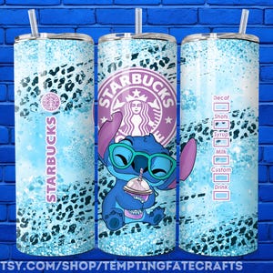 A Starbucks decal featuring a character from the Lilo & Stitch movie franchise, along with a list of drink options. The image is displayed on a blue brick wall background.