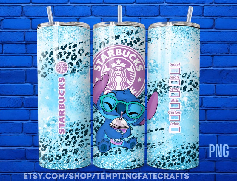 A Starbucks decal featuring a character from the Lilo & Stitch movie franchise, along with a list of drink options. The image is displayed on a blue brick wall background.