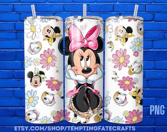 Retro Pink Floral Minnie Mouse 20 oz Skinny Tumbler, Mickey Mouse Sublimation Design Template, Mickey Comic Book Strip png
