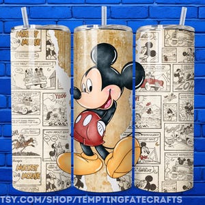 A collage of three Mickey Mouse-themed tumblers against a blue brick wall background.