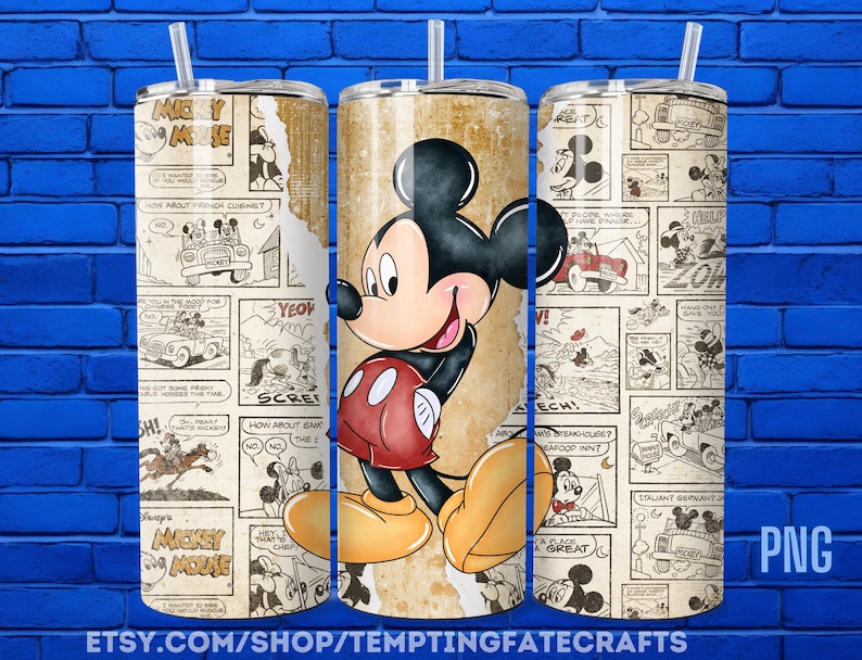 A collage of three Mickey Mouse-themed tumblers against a blue brick wall background.