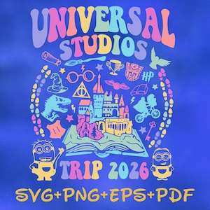 May include: A blue graphic design with the words "UNIVERSAL STUDIOS" in rainbow colors. The design includes illustrations of a dinosaur, a wizard's hat, glasses, a castle, and Minions. The text "TRIP 2026" is also included.
