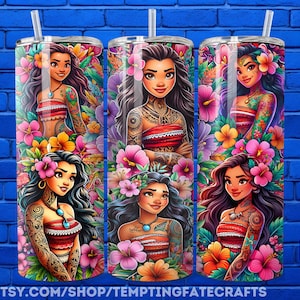 A collage of three colorful, illustrated tumblers featuring the characters from the Disney movie "Moana". The tumblers are adorned with tropical flowers and the characters are depicted in a stylized, cartoon-like manner.
