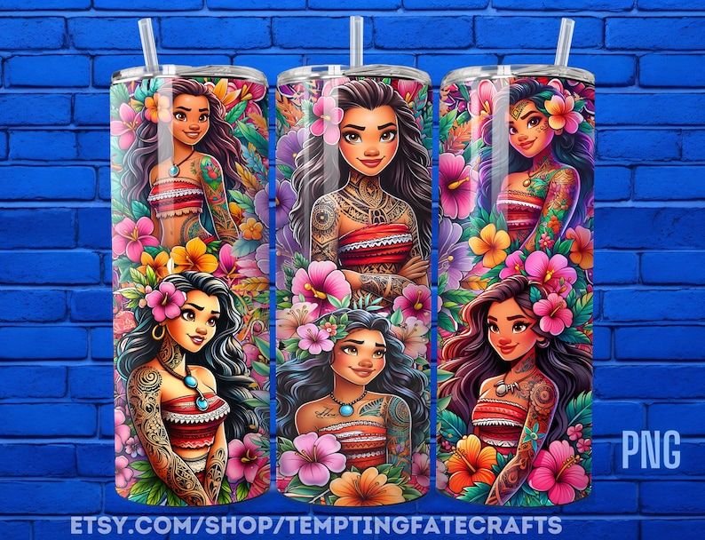 A collage of three colorful, illustrated tumblers featuring the characters from the Disney movie "Moana". The tumblers are adorned with tropical flowers and the characters are depicted in a stylized, cartoon-like manner.