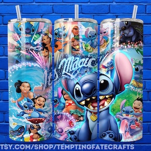 A collage of three colorful and vibrant straw tumblers featuring characters from the Disney movie Lilo & Stitch.