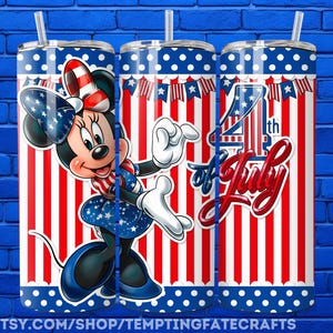 A collage of three images featuring Minnie Mouse in patriotic attire, with the text "4th of July" prominently displayed.