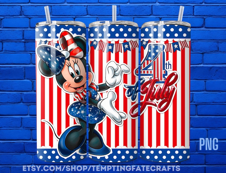 A collage of three images featuring Minnie Mouse in patriotic attire, with the text "4th of July" prominently displayed.