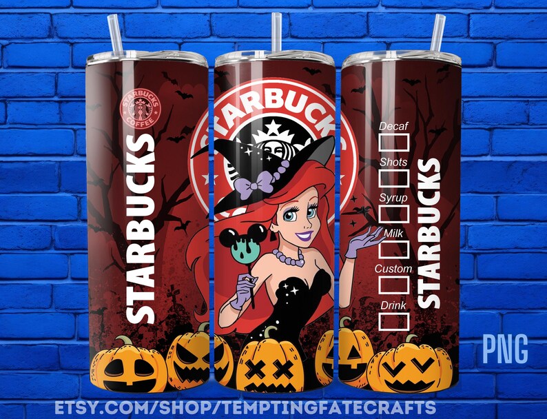 A Starbucks can with a cartoon mermaid character on it, along with Halloween-themed pumpkins and bats.