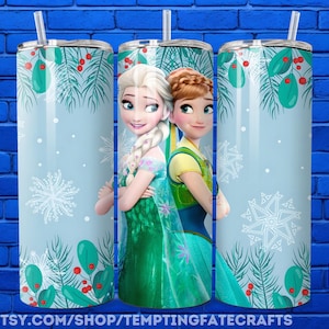 A collage of three identical stainless steel tumblers featuring the characters Elsa and Anna from the Disney movie Frozen, with a winter theme.