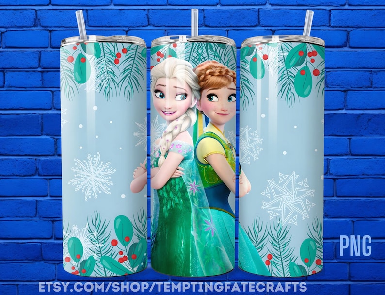 A collage of three identical stainless steel tumblers featuring the characters Elsa and Anna from the Disney movie Frozen, with a winter theme.