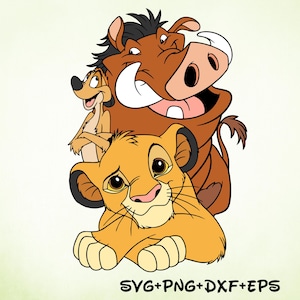 May include: A digital illustration featuring a brown warthog, a tan meerkat, and a golden lion cub grouped together. The characters are rendered with bold black outlines and flat colours. The text SVG+PNG+DXF+EPS is printed at the bottom.